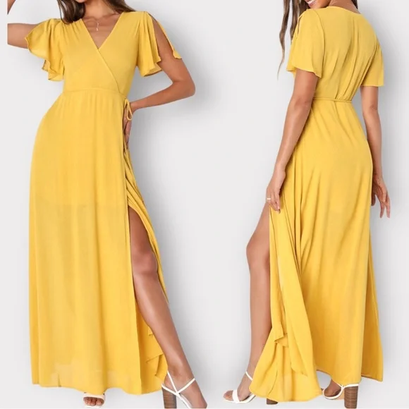 Lulu’s Much Obliged Golden Wrap Dress Large - Picture 1 of 4